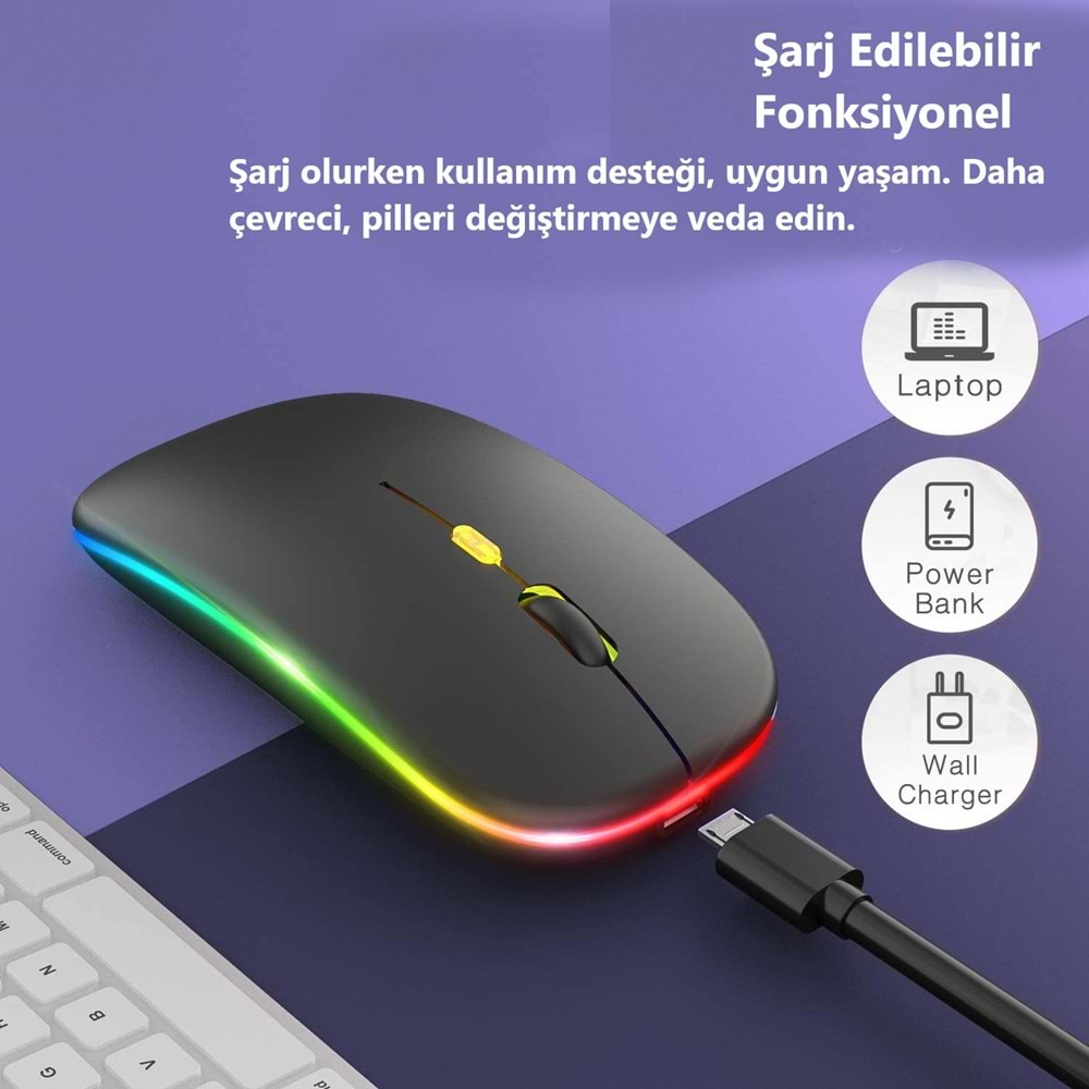 M40 Şarjlı Kablosuz Mouse 800/1200/1600dpi 2.4Ghz Rgb Ledli - SİYAH