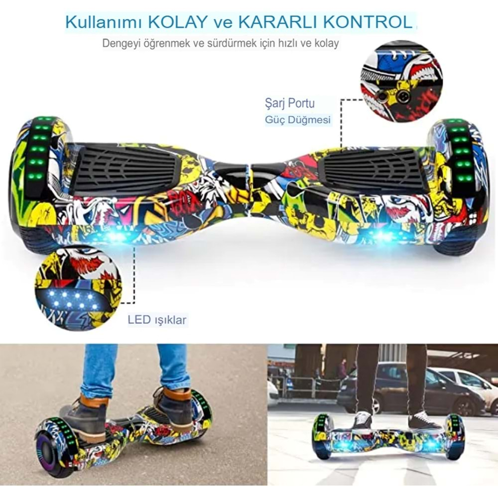 MAVİ Elektrikli Kaykay Scooter Orjinal Hoverboard Akıllı Dengeli Bluetooth Grafity Desenli 6.5 İnch