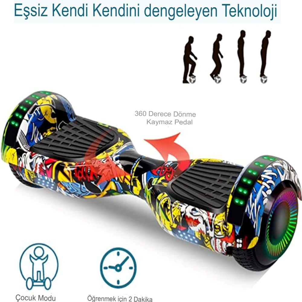 MAVİ Elektrikli Kaykay Scooter Orjinal Hoverboard Akıllı Dengeli Bluetooth Grafity Desenli 6.5 İnch