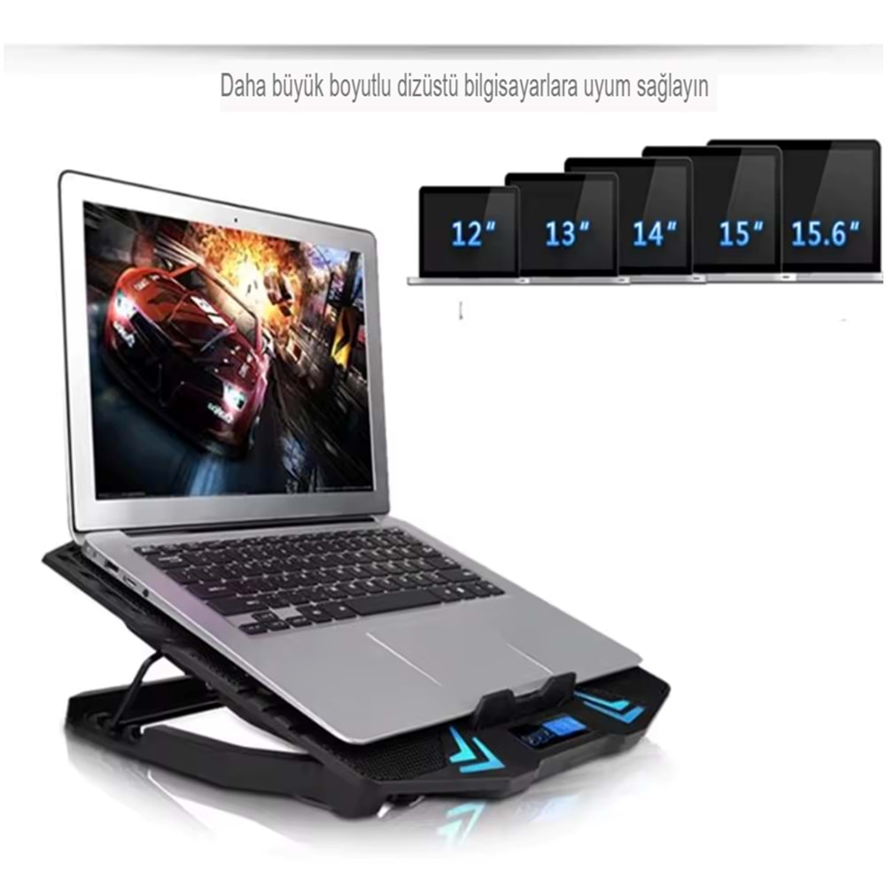 5 Fanlı Notebook Soğutucu Led Aydınlatmalı Lcd Gösterge Panelli Dizüstü Bilgisayar Standı 2 Usb