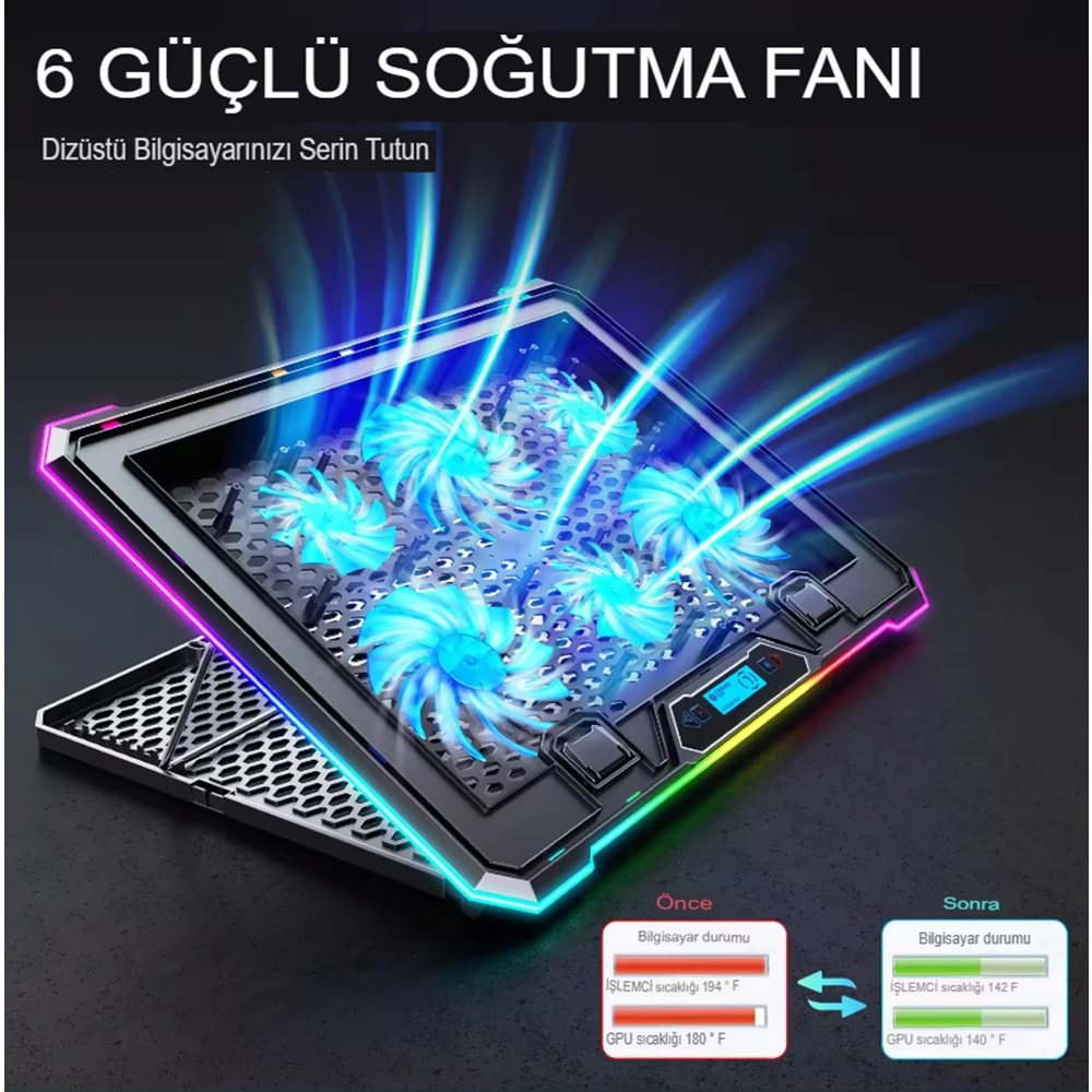 6 Fanlı Gaming Pad Laptop Cooler Notebook Soğutucu Ekran Led Işıklı Dizüstü Bilgisayar Standı