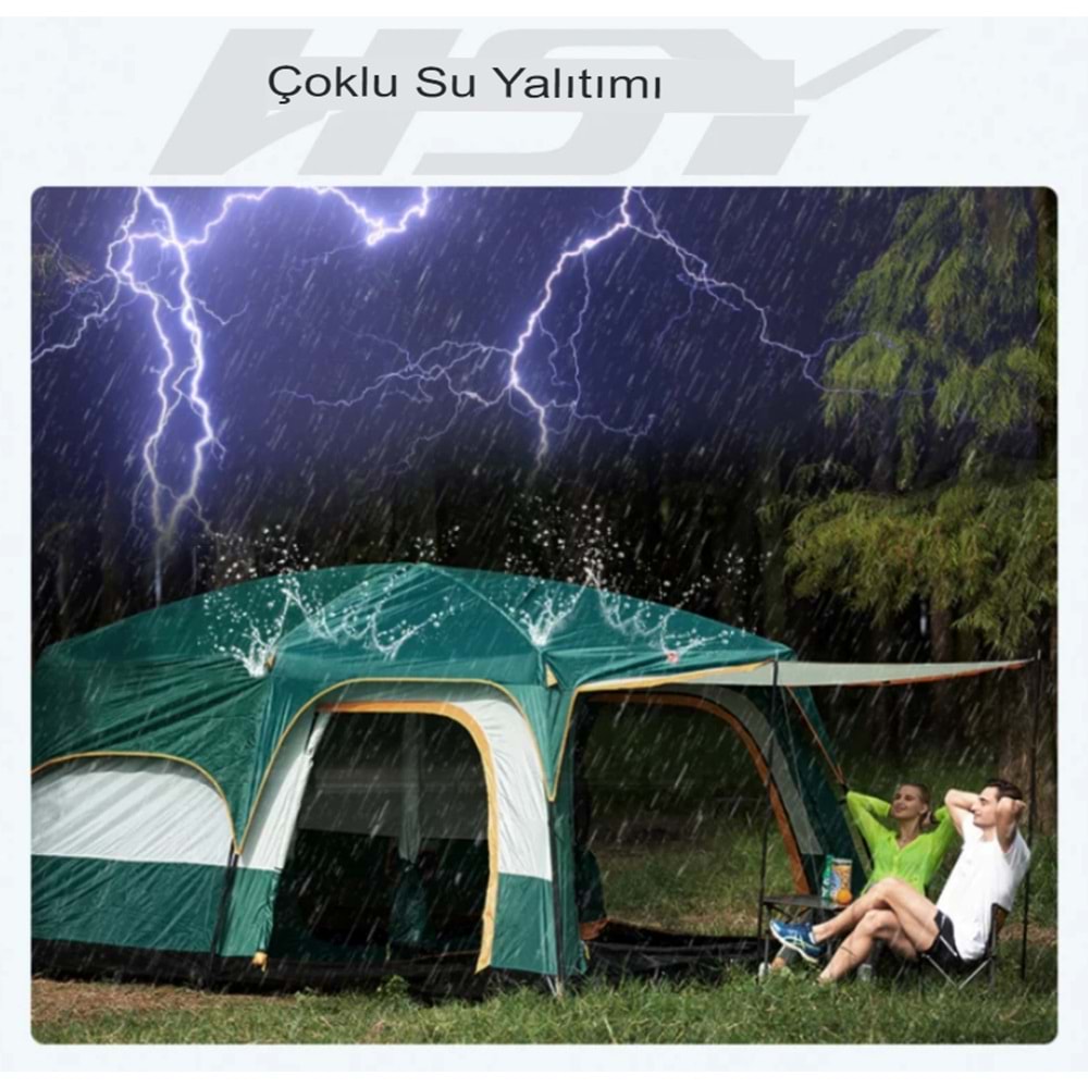 9 Kişilik 1+1 Odalı Kamp Çadırı Su Geçirmez Piknik Çadır 320x220x190cm Sineklikli Pratik Taşınılabilir Pencereli
