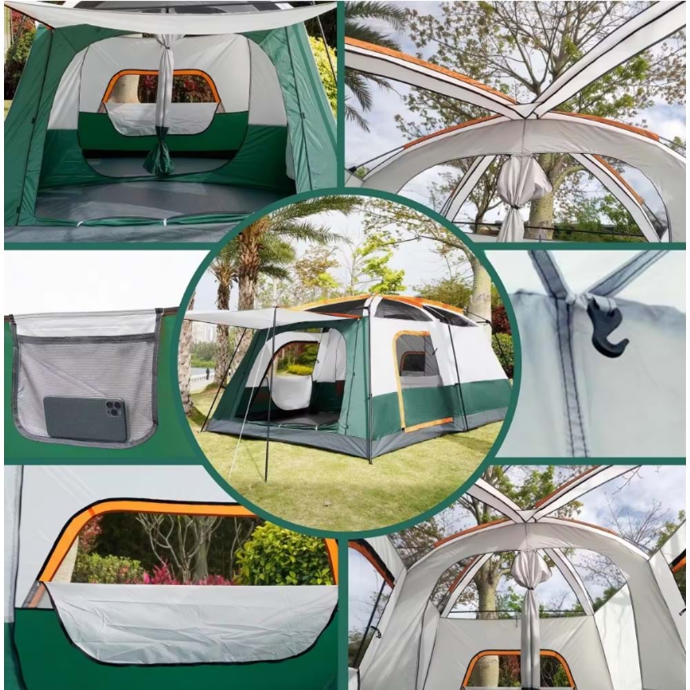 9 Kişilik 1+1 Odalı Kamp Çadırı Su Geçirmez Piknik Çadır 320x220x190cm Sineklikli Pratik Taşınılabilir Pencereli