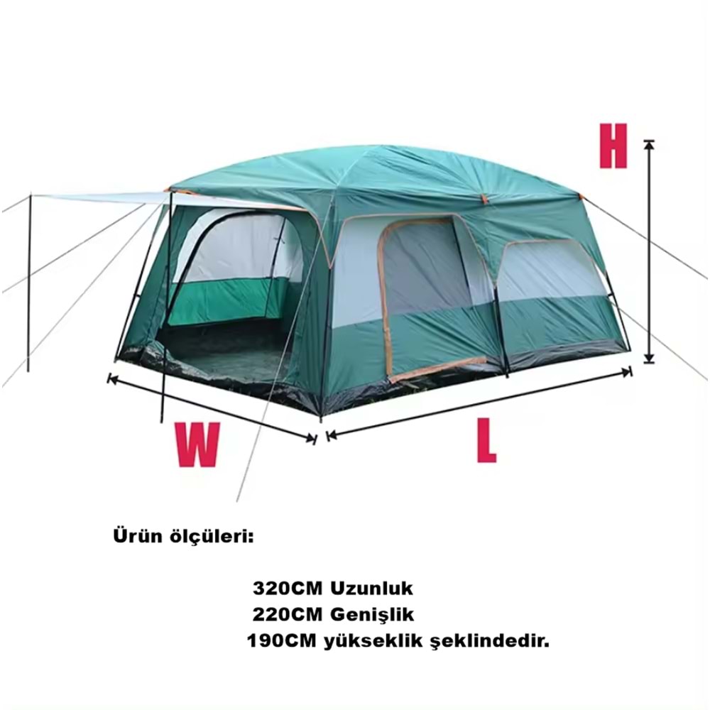 9 Kişilik 1+1 Odalı Kamp Çadırı Su Geçirmez Piknik Çadır 320x220x190cm Sineklikli Pratik Taşınılabilir Pencereli