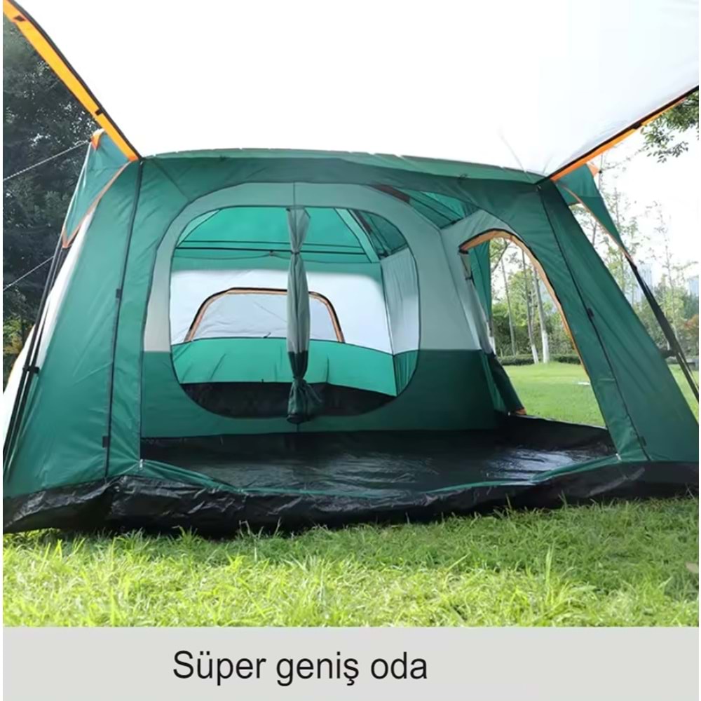 9 Kişilik 1+1 Odalı Kamp Çadırı Su Geçirmez Piknik Çadır 320x220x190cm Sineklikli Pratik Taşınılabilir Pencereli