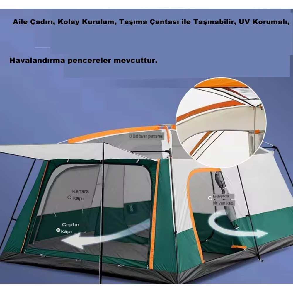 9 Kişilik 1+1 Odalı Kamp Çadırı Su Geçirmez Piknik Çadır 320x220x190cm Sineklikli Pratik Taşınılabilir Pencereli