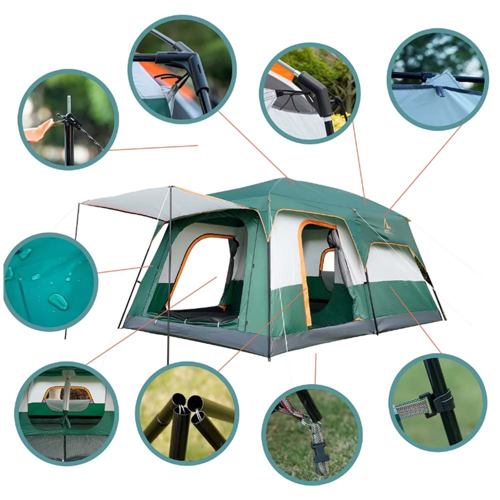 9 Kişilik 1+1 Odalı Kamp Çadırı Su Geçirmez Piknik Çadır 320x220x190cm Sineklikli Pratik Taşınılabilir Pencereli
