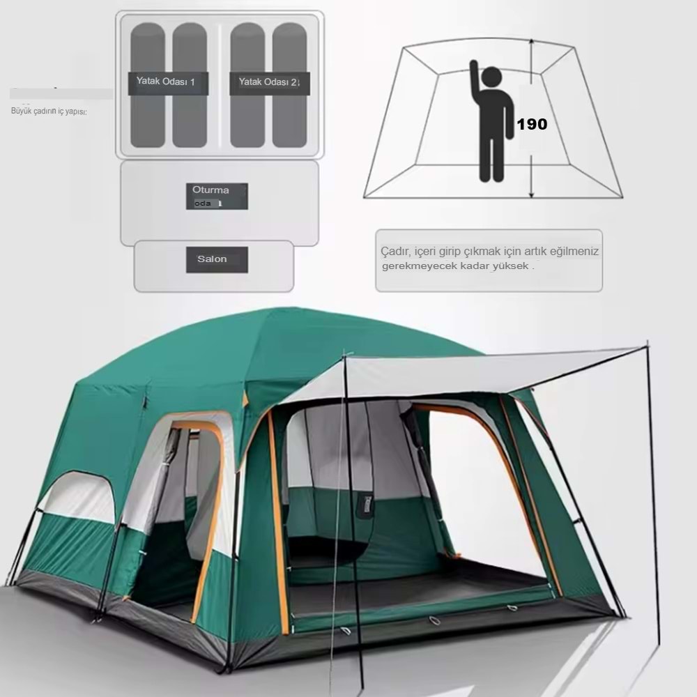 9 Kişilik 1+1 Odalı Kamp Çadırı Su Geçirmez Piknik Çadır 320x220x190cm Sineklikli Pratik Taşınılabilir Pencereli