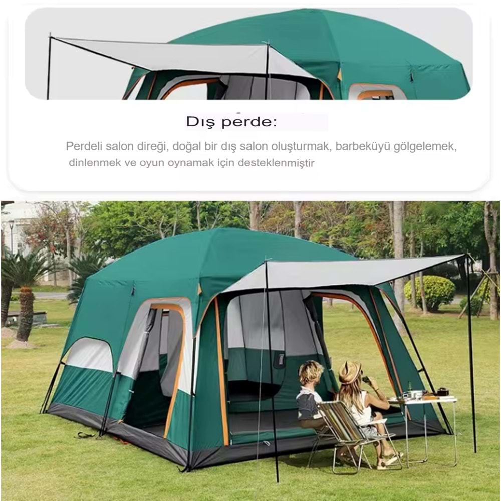 9 Kişilik 1+1 Odalı Kamp Çadırı Su Geçirmez Piknik Çadır 320x220x190cm Sineklikli Pratik Taşınılabilir Pencereli