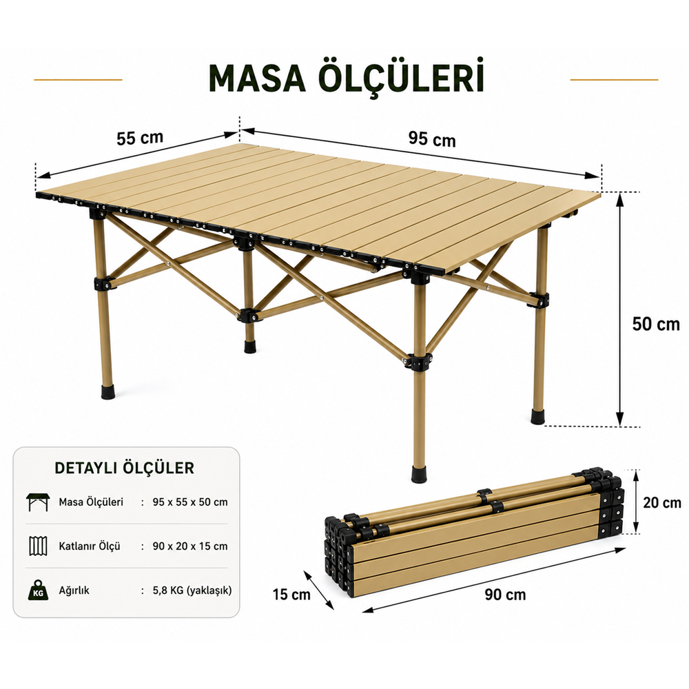 Katlanır Alüminyum Kamp Masası | Taşınabilir Piknik Masası + Taşıma Çantası | 95x55x50cm | Gold Renk