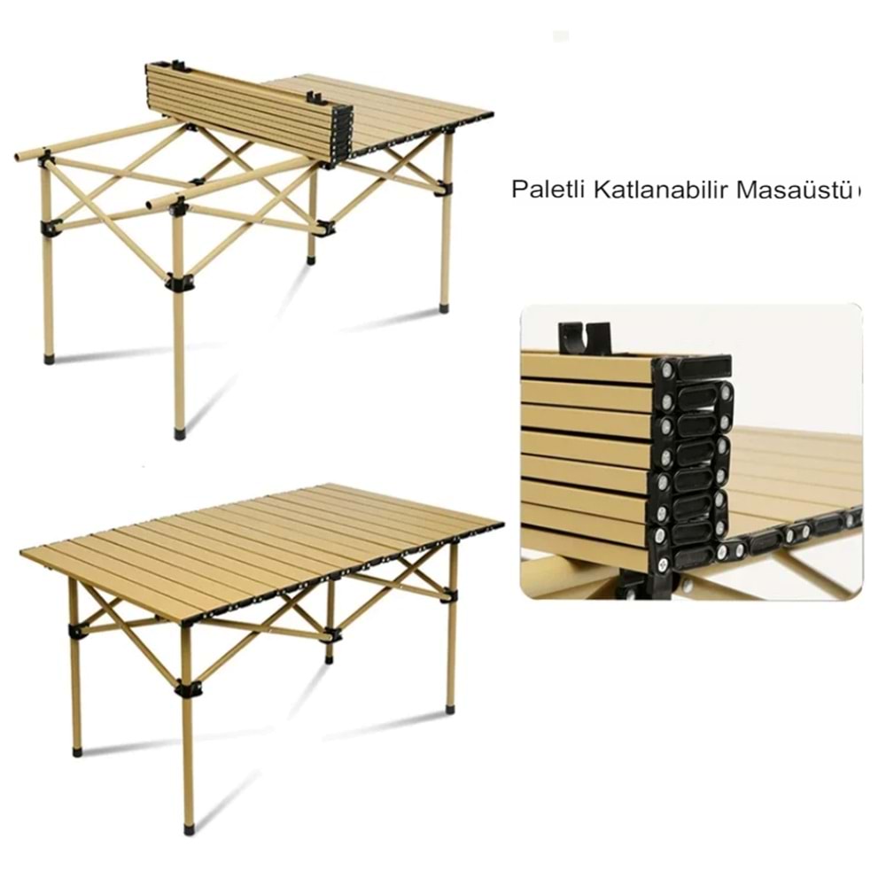 Katlanabilir Çelik Kamp Masası | Taşınabilir Piknik Masası + Taşıma Çantası | 95x55x50cm | Gold Renk