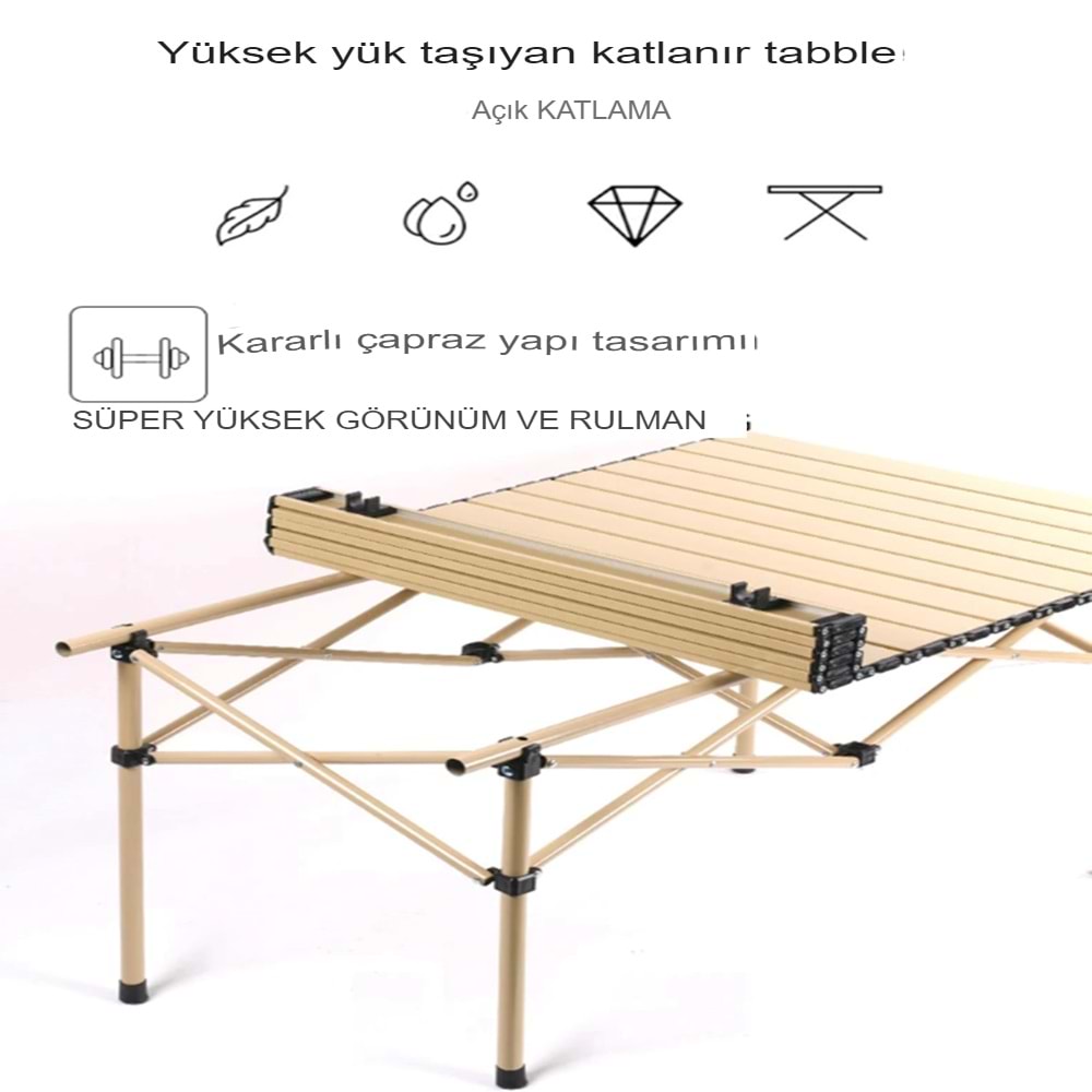 Katlanabilir Çelik Kamp Masası | Taşınabilir Piknik Masası + Taşıma Çantası | 95x55x50cm | Gold Renk