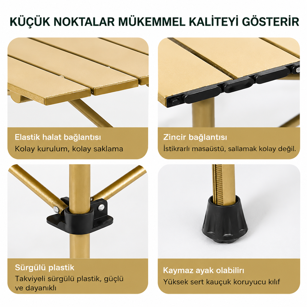 Katlanır Alüminyum Kamp Masası | Taşınabilir Piknik Masası + Taşıma Çantası | 95x55x50cm | Gold Renk