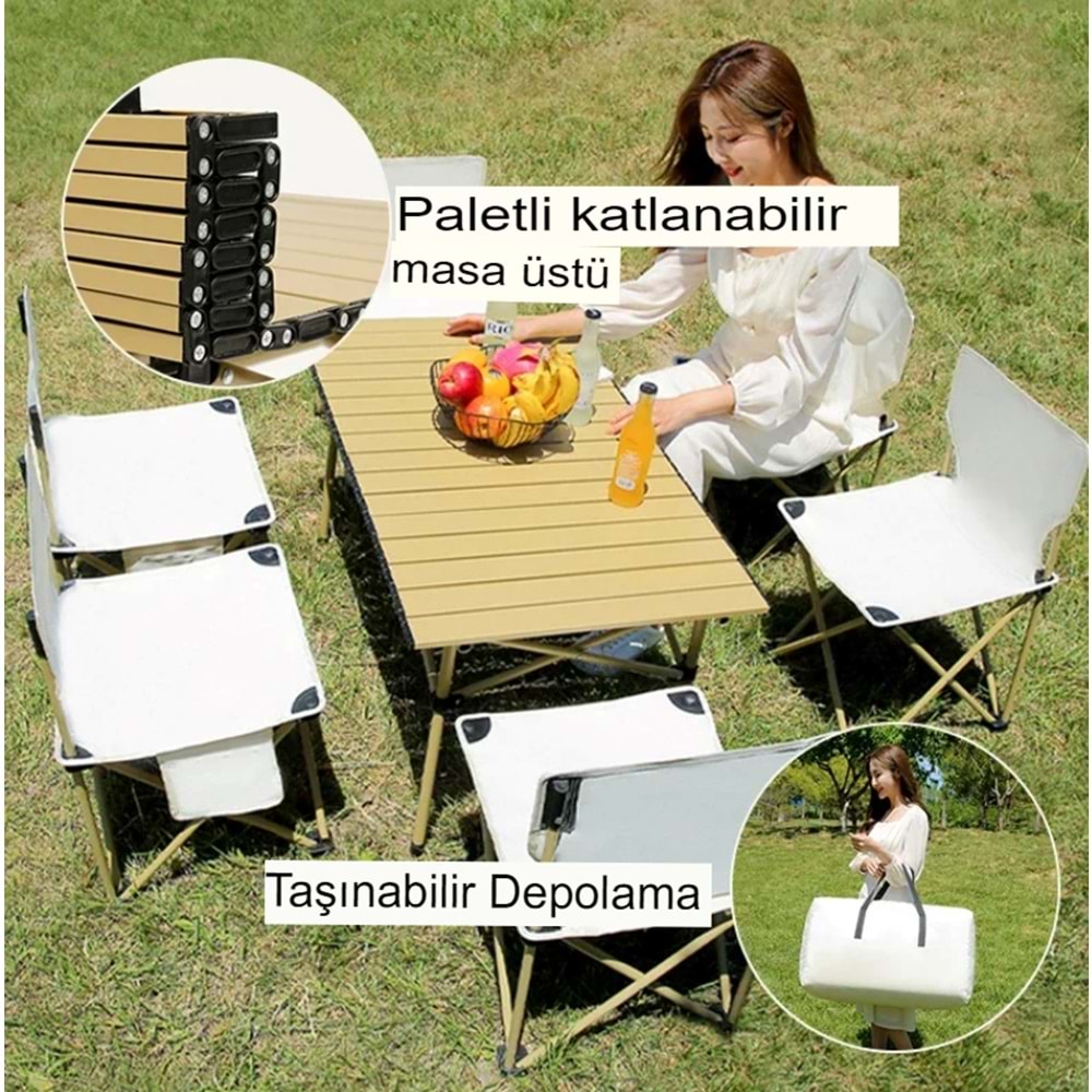 Katlanabilir Çelik Kamp Masası | Taşınabilir Piknik Masası + Taşıma Çantası | 95x55x50cm | Gold Renk