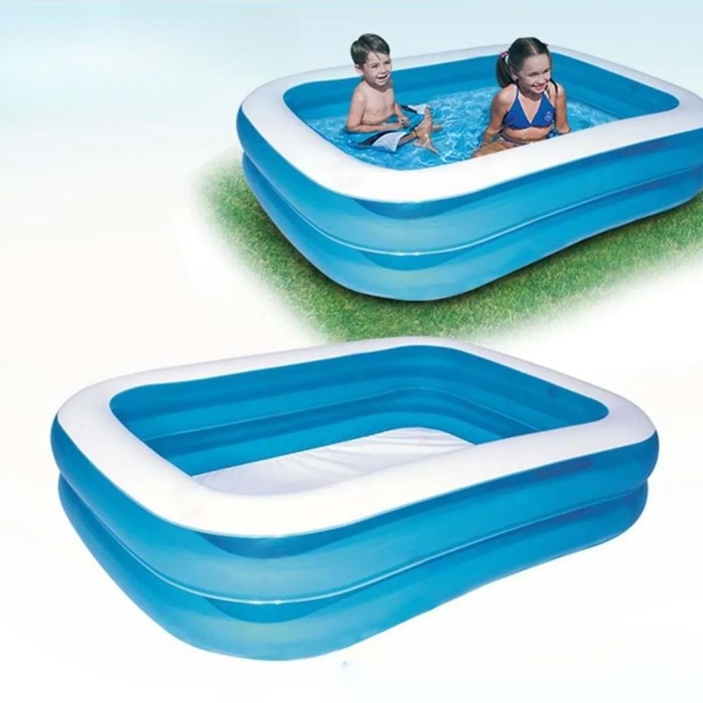 Şişme Aile Havuzu 200x146x48 cm | 452 Litre Su Kapasiteli | UV Dayanıklı Kalın PVC | Çocuklar ve Yetişkinler için Güvenli | Mavi Dikdörtgen Havuz