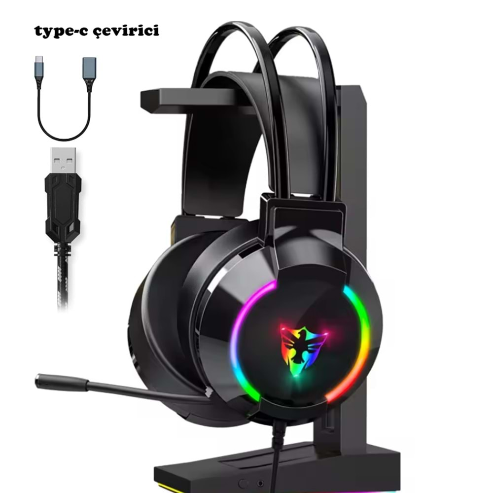 G606 Rainbow 7.1 Siyah Kulak Üstü USB-Typec Kulaklık 4D Mikrofonlu Profesyonel Rgb Oyuncu Kulaklığı