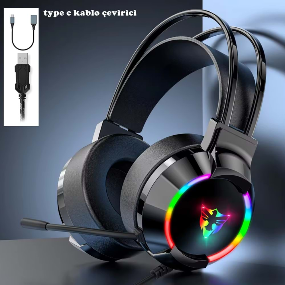 G606 Rainbow 7.1 Siyah Kulak Üstü USB-Typec Kulaklık 4D Mikrofonlu Profesyonel Rgb Oyuncu Kulaklığı