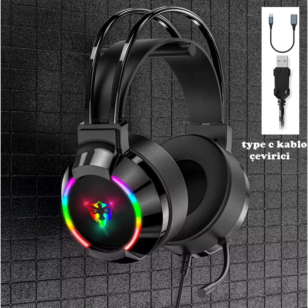 G606 Rainbow 7.1 Siyah Kulak Üstü USB-Typec Kulaklık 4D Mikrofonlu Profesyonel Rgb Oyuncu Kulaklığı