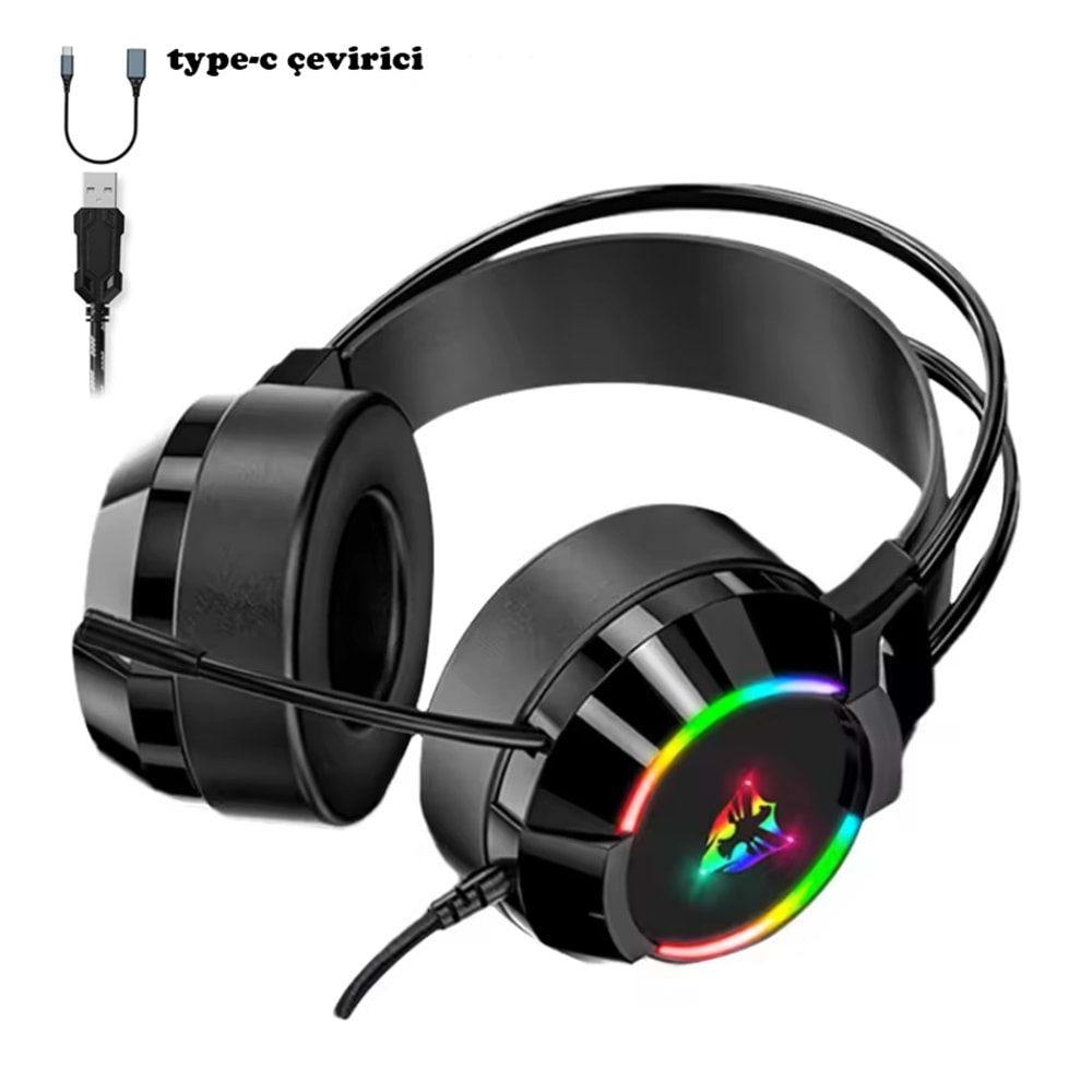 G606 Rainbow 7.1 Siyah Kulak Üstü USB-Typec Kulaklık 4D Mikrofonlu Profesyonel Rgb Oyuncu Kulaklığı