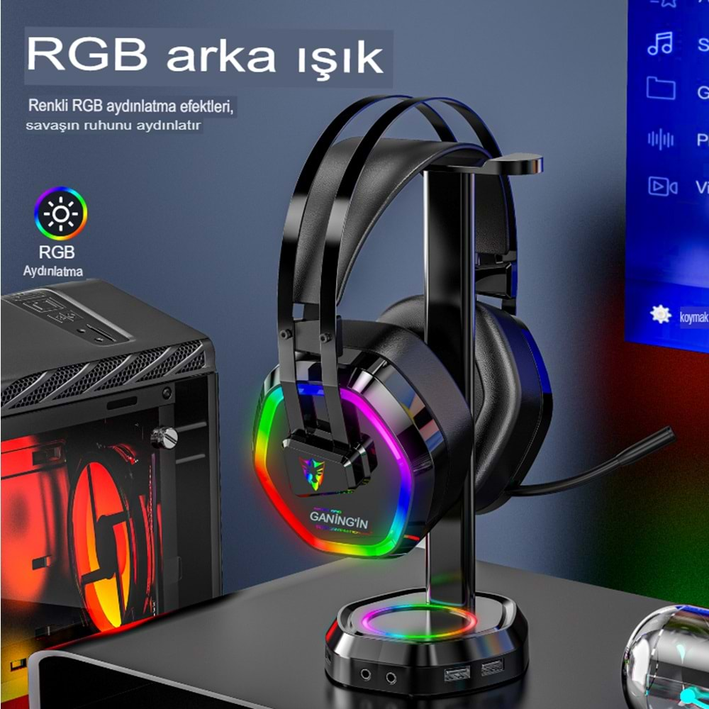 G608 Rainbow 7.1 Siyah Kulak Üstü USB-Typec Kulaklık 4D Mikrofonlu Profesyonel Rgb Oyuncu Kulaklığı