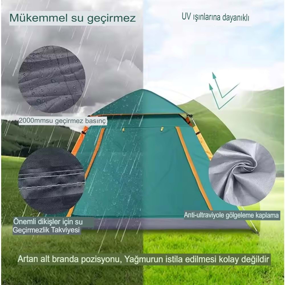 4 Kişilik Tam Otomatik Tenteli Kamp Çadırı 215x215x142cm Sineklikli Pratik Taşınılabilir Pencereli