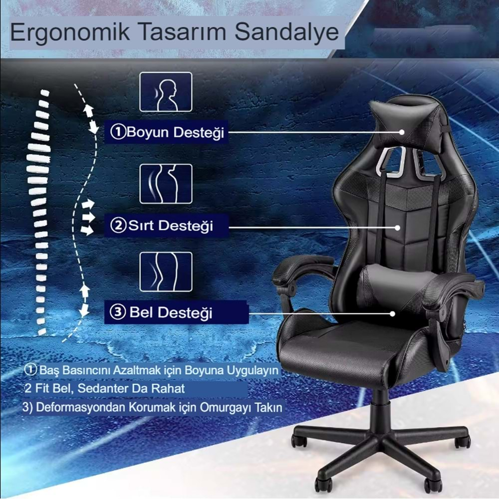 Siyah Desen Oyuncu Koltuğu Rampage Gaming Chair Ergonomik Bilgisayar büro Koltuğu Kol Ayarlı Sandalye