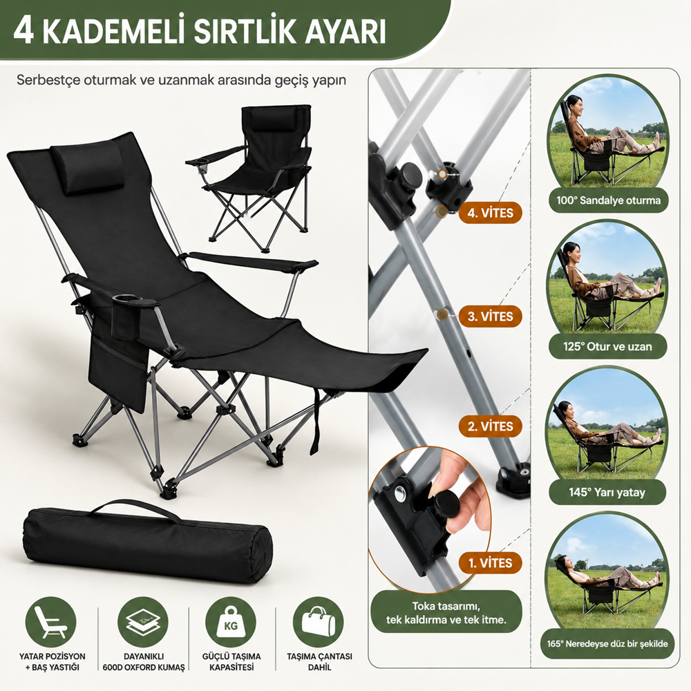 YT00 Katlanır Şezlong Koltuk – Bahçe, Kamp ve Plaj İçin Yatarlı Sandalye