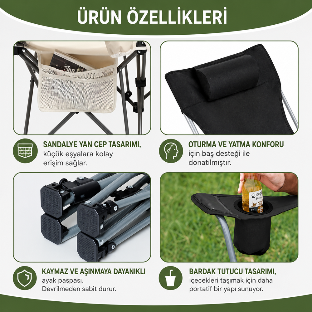 YT00 Katlanır Şezlong Koltuk – Bahçe, Kamp ve Plaj İçin Yatarlı Sandalye