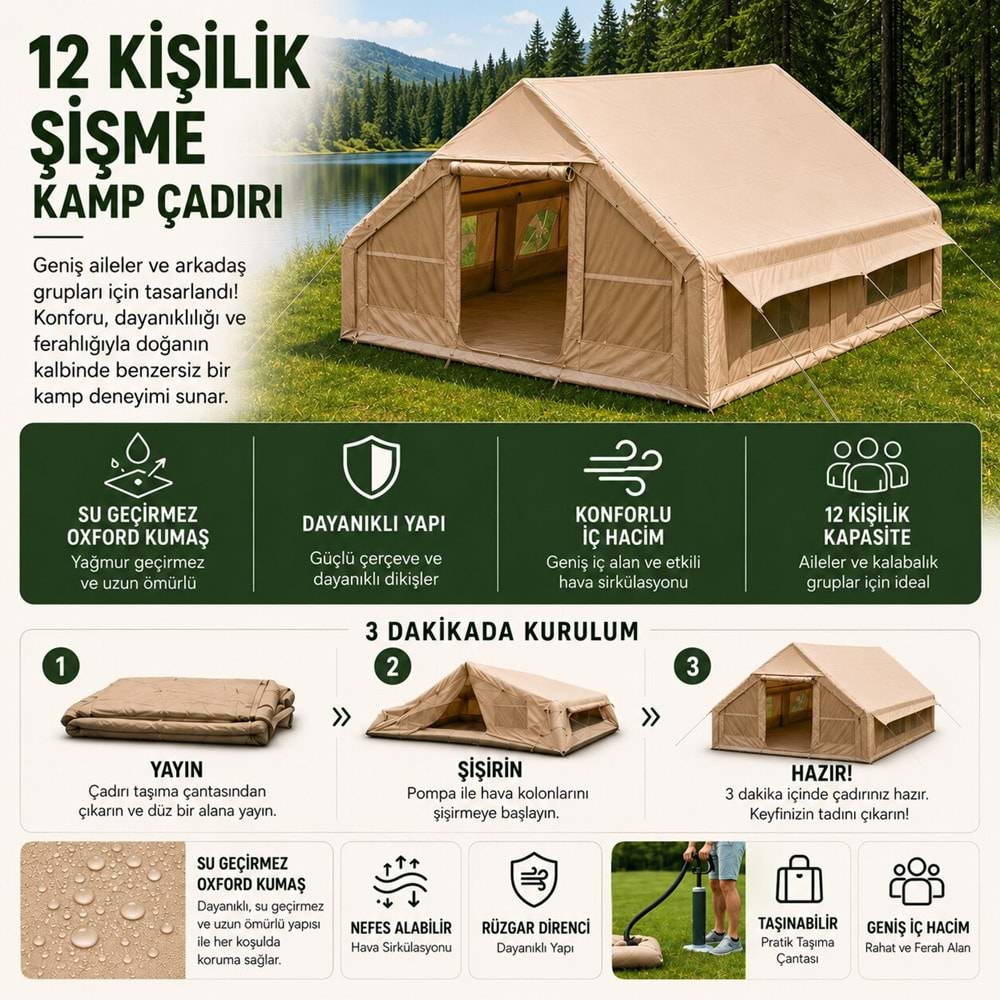 12 Kişilik 4 Mevsim Şişme Kamp Çadırı | 12 m² Geniş İç Hacim | 300D Oxford Kumaş | Su Geçirmez | El Pompalı | Hızlı Kurulum | Aile ve Grup Kampları için Uygun