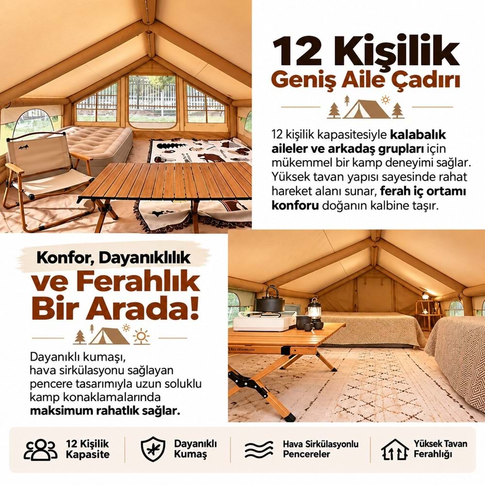 12 Kişilik 4 Mevsim Şişme Kamp Çadırı | 12 m² Geniş İç Hacim | 300D Oxford Kumaş | Su Geçirmez | El Pompalı | Hızlı Kurulum | Aile ve Grup Kampları için Uygun