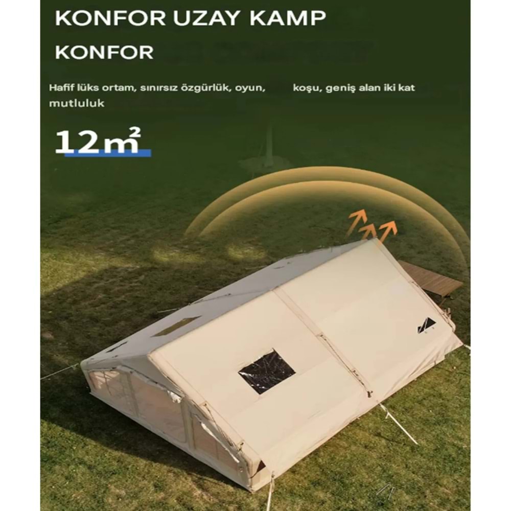 12 Kişilik 4 Mevsim Şişme Kamp Çadırı | 12 m² Geniş İç Hacim | 300D Oxford Kumaş | Su Geçirmez | El Pompalı | Hızlı Kurulum | Aile ve Grup Kampları için Uygun