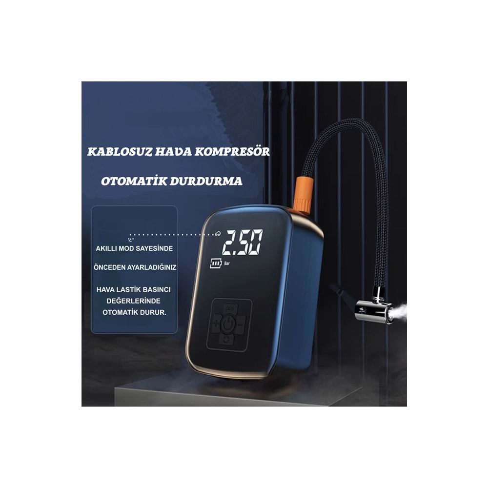 Akıllı 4000mAh Dijital Hava Kompresörü – 150PSI Şarjlı Taşınabilir Lastik Şişirme Pompası | Oto, Bisiklet, Top & Powerbank Özellikli