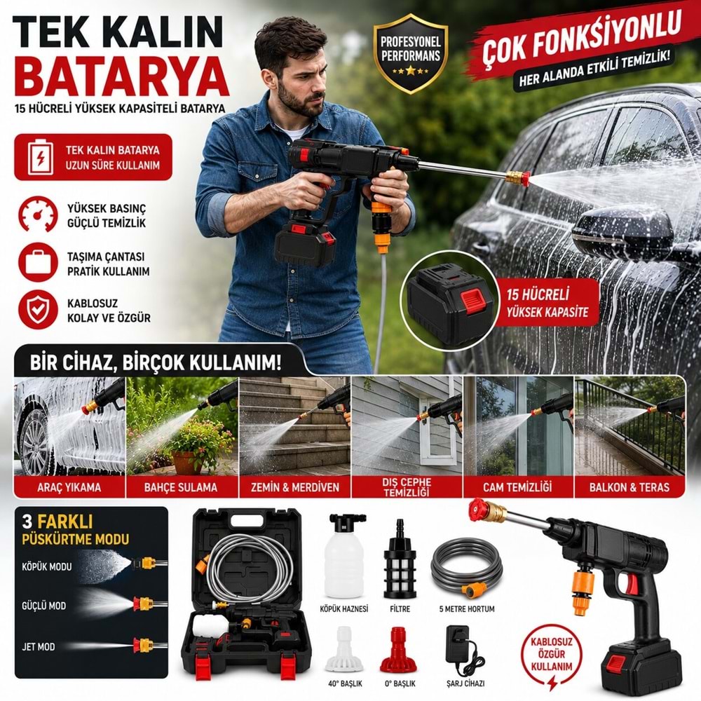 Yüksek Basınçlı Oto Araç Yıkama 15 Hücreli Kalın Batarya Akülü Araba araç Sulama Tabancası Makinesi Şarjlı
