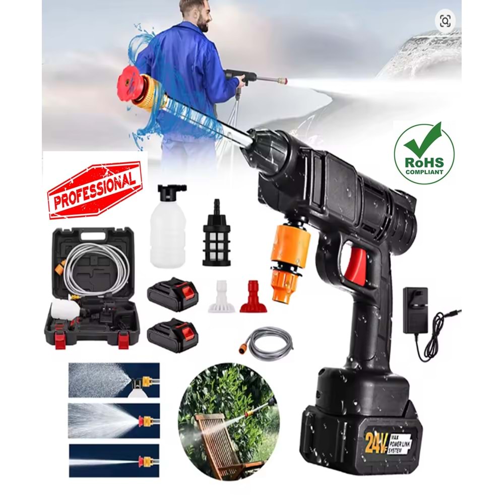 Turbo 1 Kablosuz 70 Bar Şarjlı Yüksek Basınçlı Araç Yıkama Makinesi + Sulama Tabancası + 2 Batarya