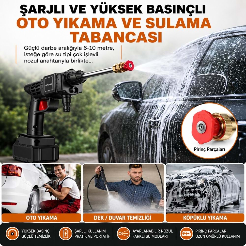 Yüksek Basınçlı Oto Araç Yıkama 15 Hücreli Kalın Batarya Akülü Araba araç Sulama Tabancası Makinesi Şarjlı