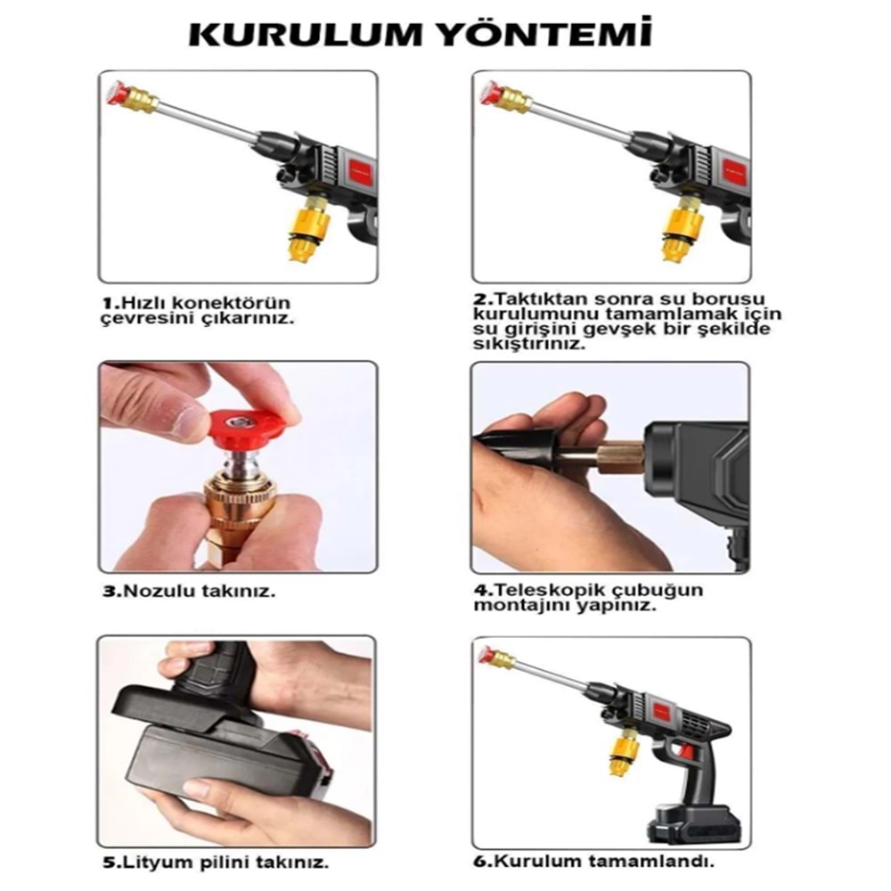 Turbo 1 Kablosuz 70 Bar Şarjlı Yüksek Basınçlı Araç Yıkama Makinesi + Sulama Tabancası + 2 Batarya