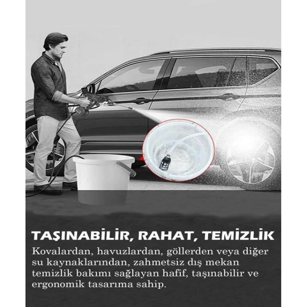 Turbo 1 Kablosuz 70 Bar Şarjlı Yüksek Basınçlı Araç Yıkama Makinesi + Sulama Tabancası + 2 Batarya
