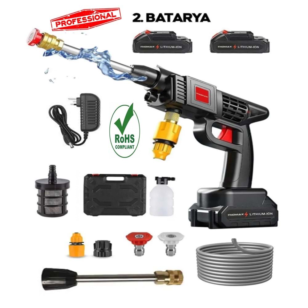 Turbo 1 Kablosuz 70 Bar Şarjlı Yüksek Basınçlı Araç Yıkama Makinesi + Sulama Tabancası + 2 Batarya