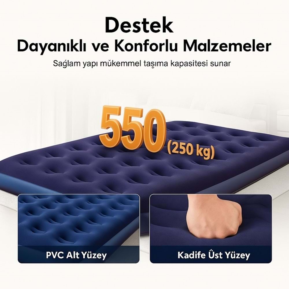 Çift Kişilik Şişme Yatak – Konforlu Kadife Yüzeyli, Dayanıklı ve Taşınabilir Kamp Yatağı
