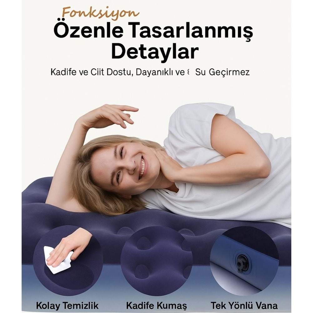 Çift Kişilik Şişme Yatak – Konforlu Kadife Yüzeyli, Dayanıklı ve Taşınabilir Kamp Yatağı