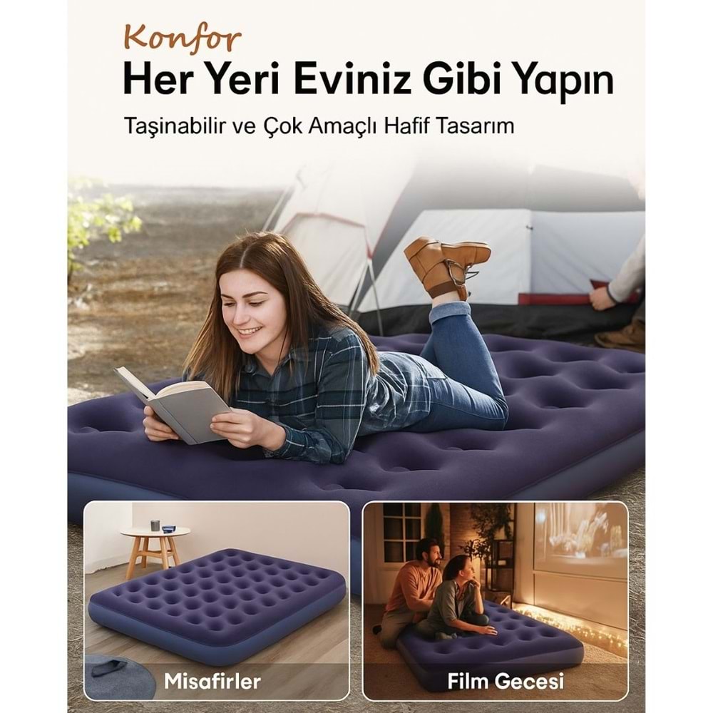 Çift Kişilik Şişme Yatak – Konforlu Kadife Yüzeyli, Dayanıklı ve Taşınabilir Kamp Yatağı