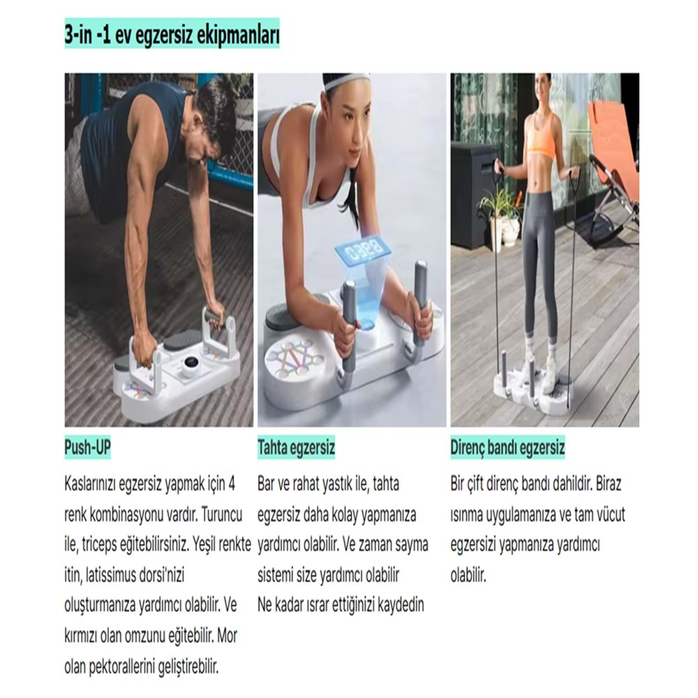 3'ü 1 Arada Şınav Tahtası | Push-Up Standı + Direnç Bandı + Plank Destekli Egzersiz Aleti