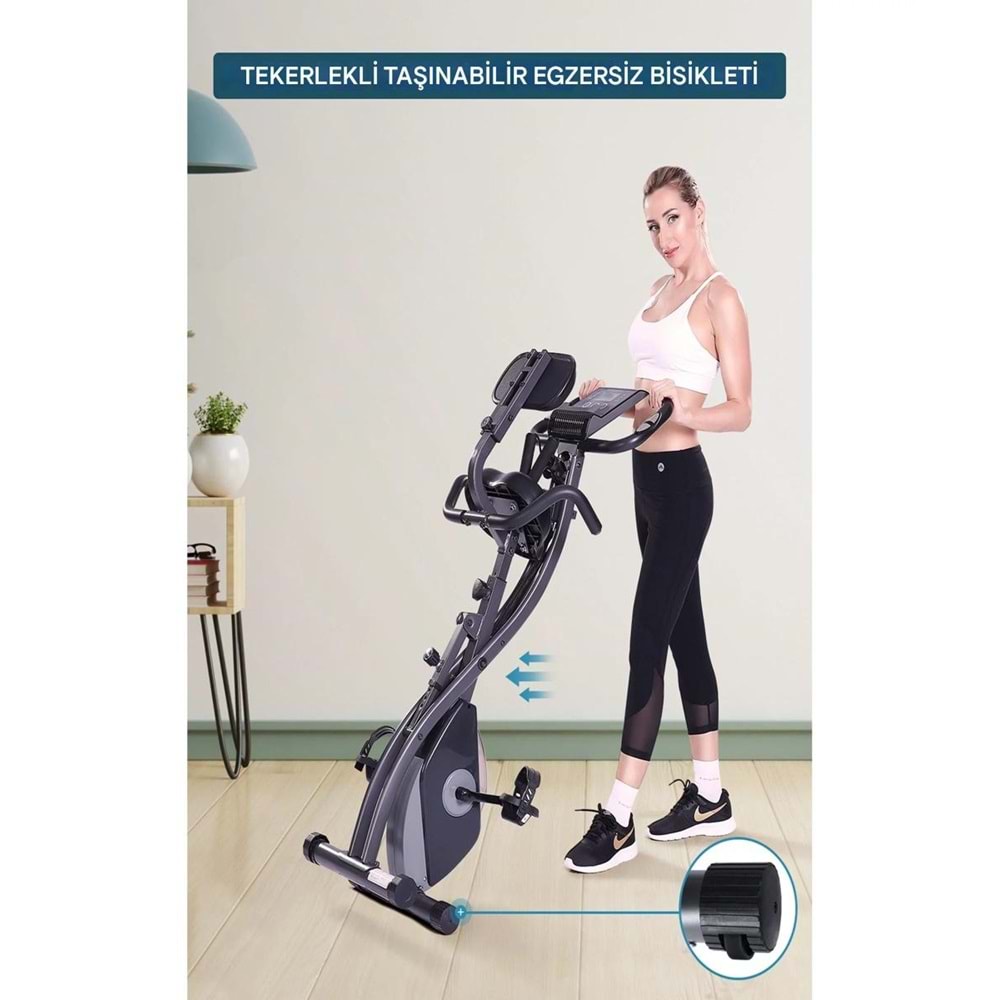 X 4’ü 1 Arada Katlanabilir Manyetik Kondisyon Bisikleti – Sessiz Spin Bike, LCD Ekranlı, Direnç Bantlı, Dikey Egzersiz Bisikleti