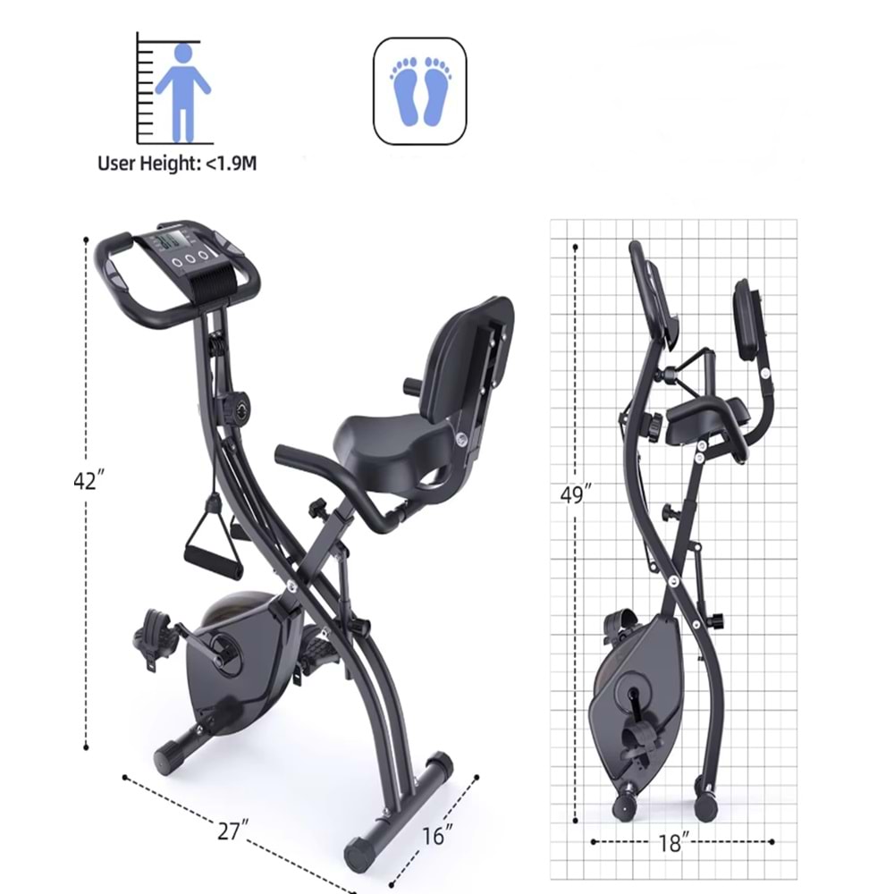 X 4’ü 1 Arada Katlanabilir Manyetik Kondisyon Bisikleti – Sessiz Spin Bike, LCD Ekranlı, Direnç Bantlı, Dikey Egzersiz Bisikleti