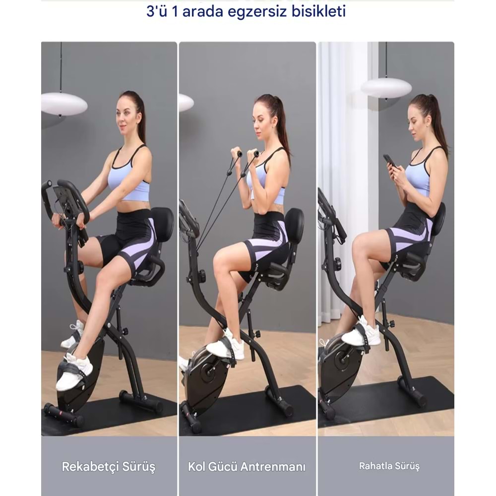 X 4’ü 1 Arada Katlanabilir Manyetik Kondisyon Bisikleti – Sessiz Spin Bike, LCD Ekranlı, Direnç Bantlı, Dikey Egzersiz Bisikleti