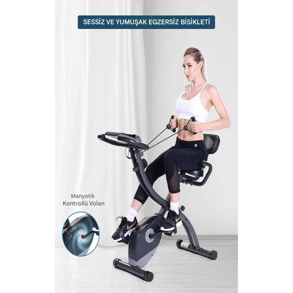 X 4’ü 1 Arada Katlanabilir Manyetik Kondisyon Bisikleti – Sessiz Spin Bike, LCD Ekranlı, Direnç Bantlı, Dikey Egzersiz Bisikleti