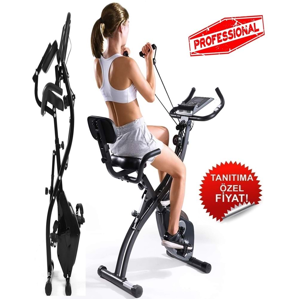 X 4’ü 1 Arada Katlanabilir Manyetik Kondisyon Bisikleti – Sessiz Spin Bike, LCD Ekranlı, Direnç Bantlı, Dikey Egzersiz Bisikleti