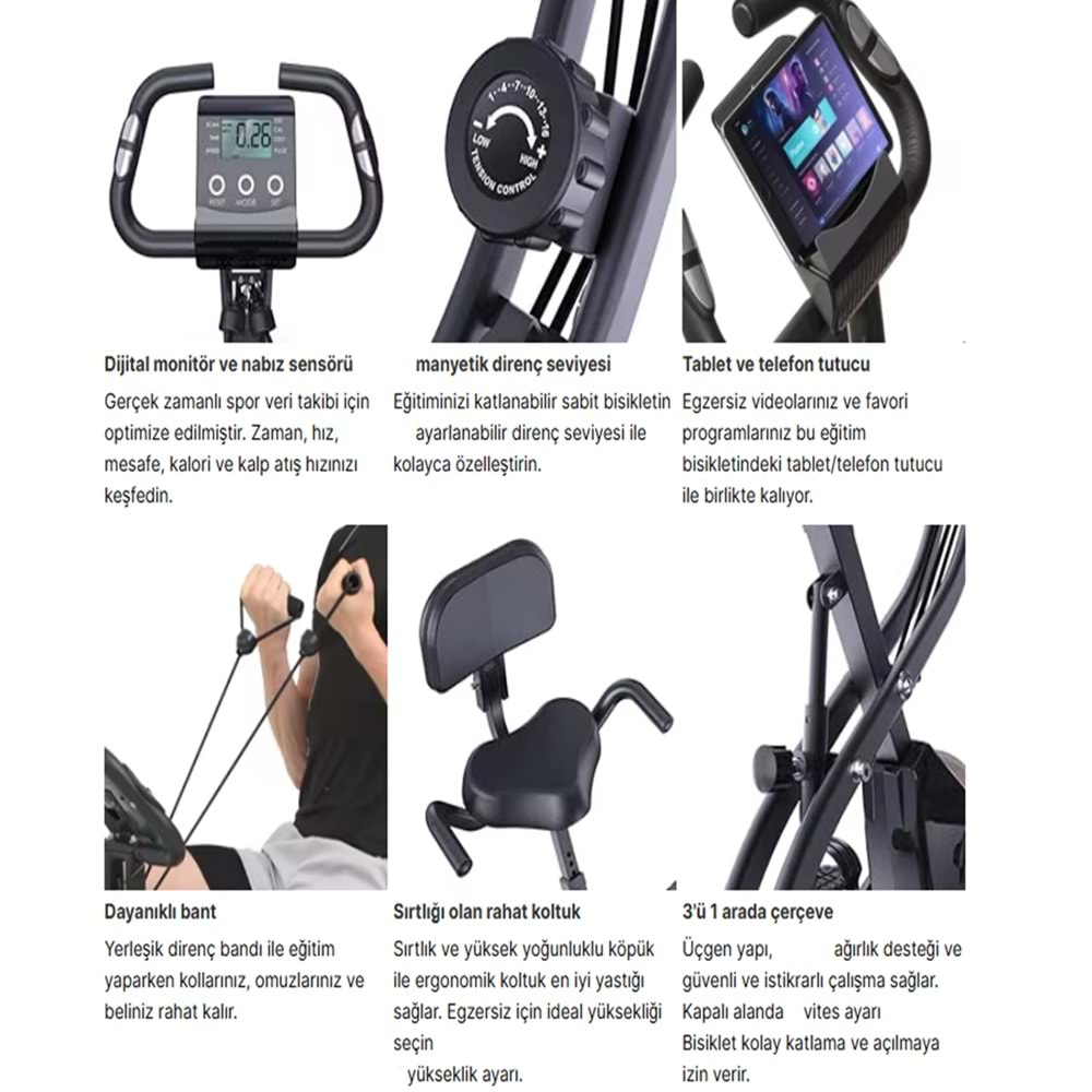 X 4’ü 1 Arada Katlanabilir Manyetik Kondisyon Bisikleti – Sessiz Spin Bike, LCD Ekranlı, Direnç Bantlı, Dikey Egzersiz Bisikleti
