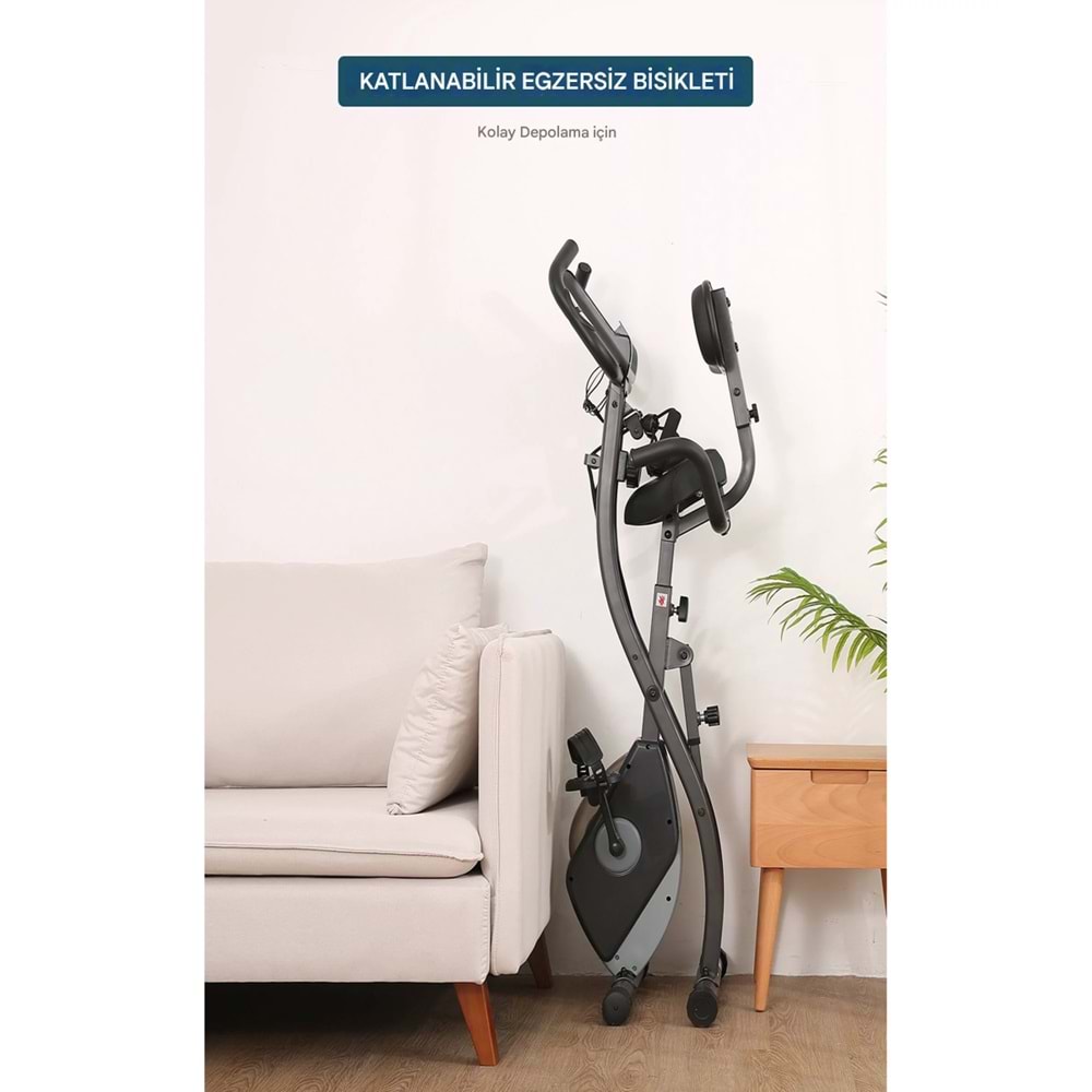 X 4’ü 1 Arada Katlanabilir Manyetik Kondisyon Bisikleti – Sessiz Spin Bike, LCD Ekranlı, Direnç Bantlı, Dikey Egzersiz Bisikleti