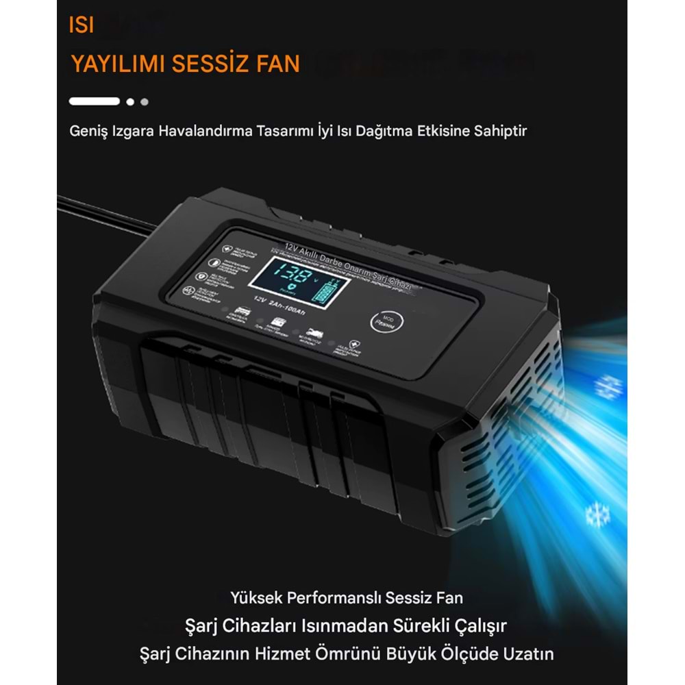 12V 6A Akü Şarj Cihazı Desülfatörlü | Jel, Sulu ve Kuru Kurşun Asit Akülere Uygun Akıllı Şarj Cihazı